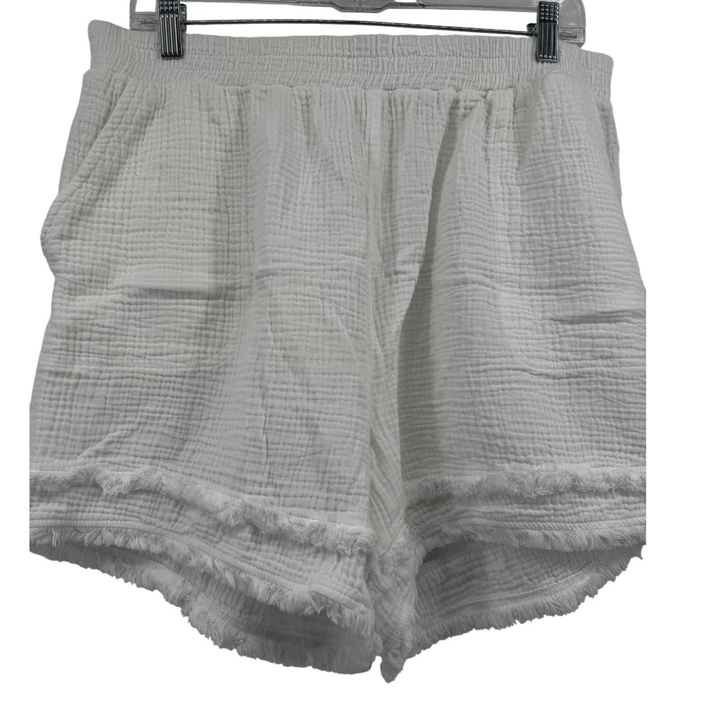 Cynthia Rowley Womens 1X White 100% Cotton Gauze Fringe Hem Shorts Elastic Waist